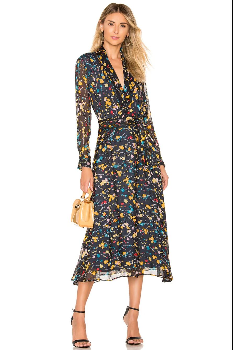 Equipment Silk Blend Chiffon Dress Womens 0 Black Eclipse Floral Wrap Midi $525